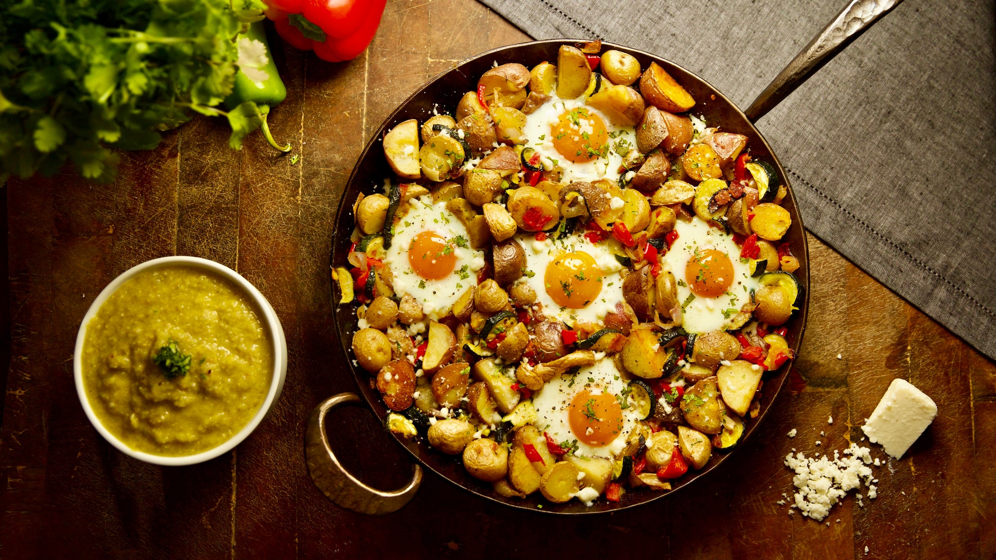 Rustic Baked Eggs with Roasted Vegetables and Tomatillo Salsa