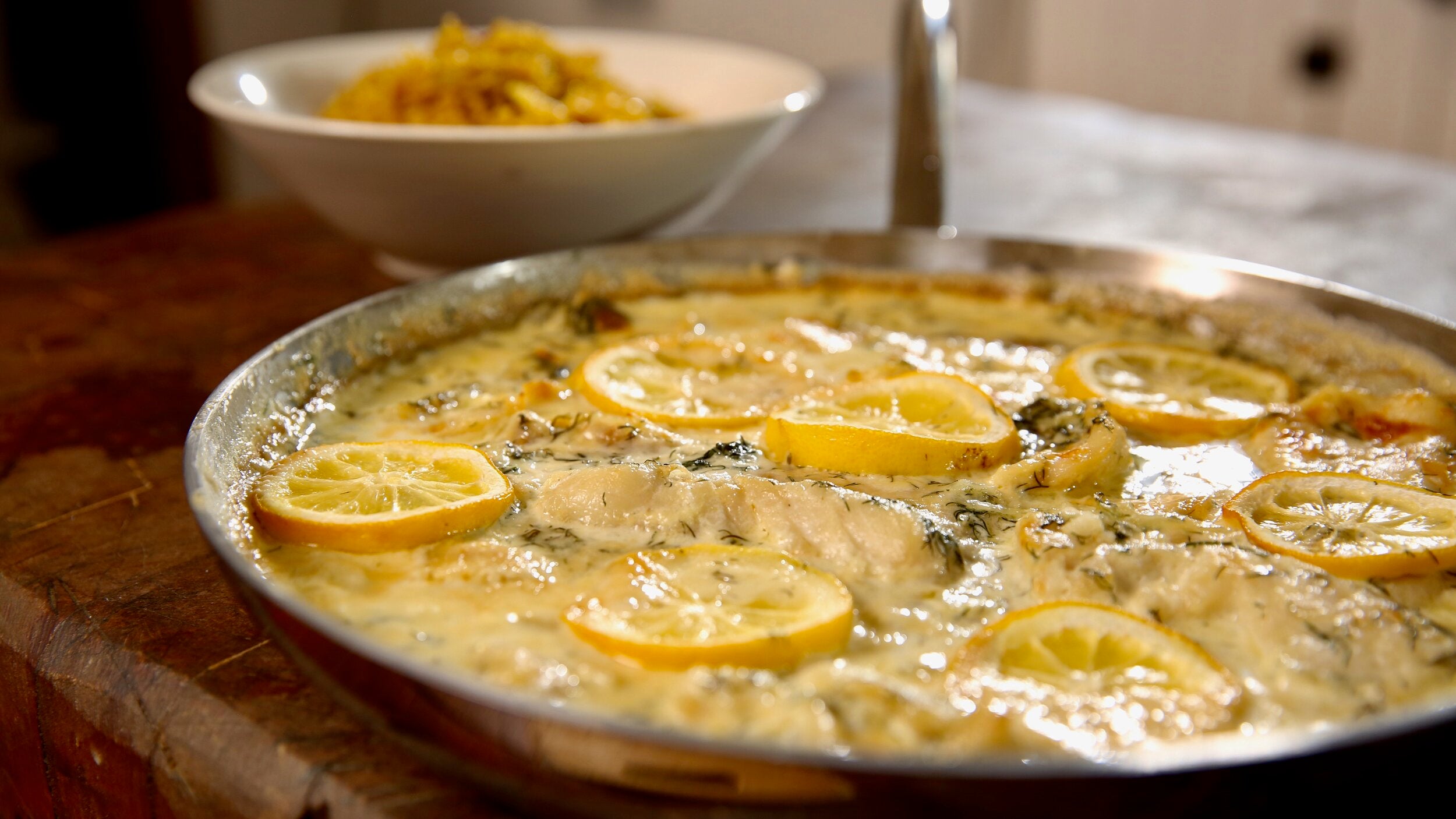 White Fish with Dill Sauce and Saffron Rice