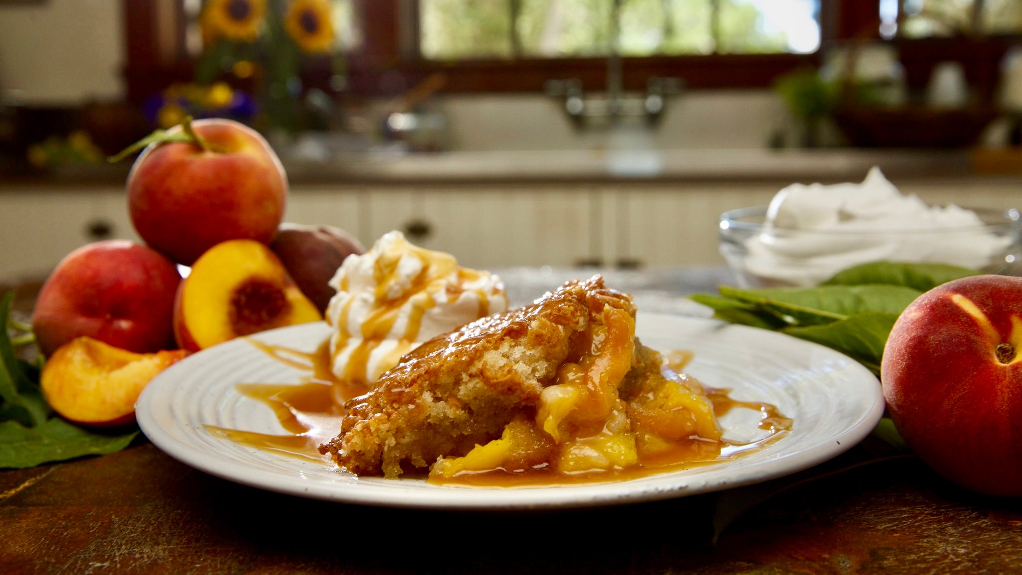 Peach Buckle with Homemade Caramel Sauce and Whipped Cream