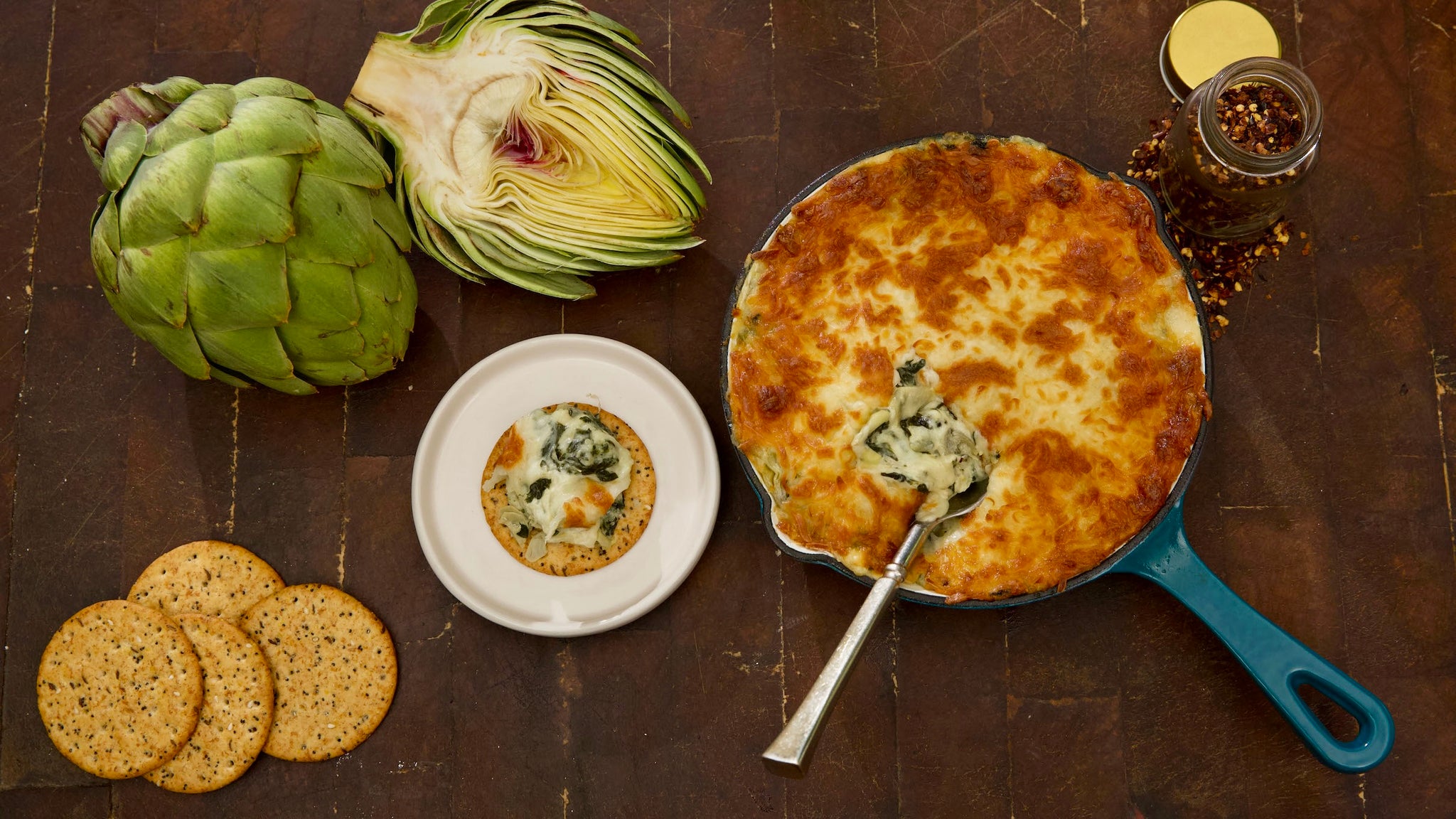 Cast Iron Baked Artichoke Spinach Dip