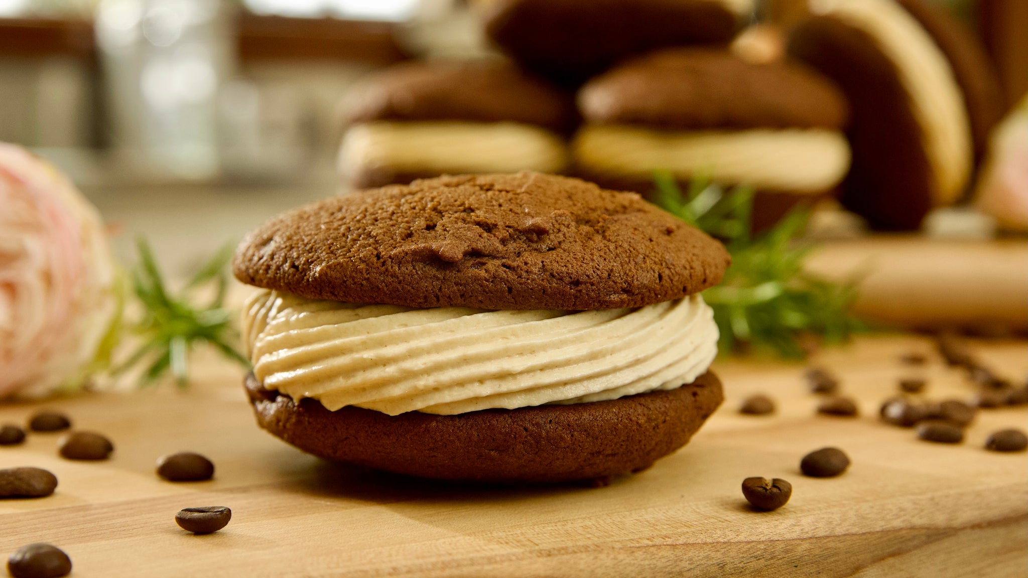 Mocha Whoopie Pies with Peanut Butter Filling