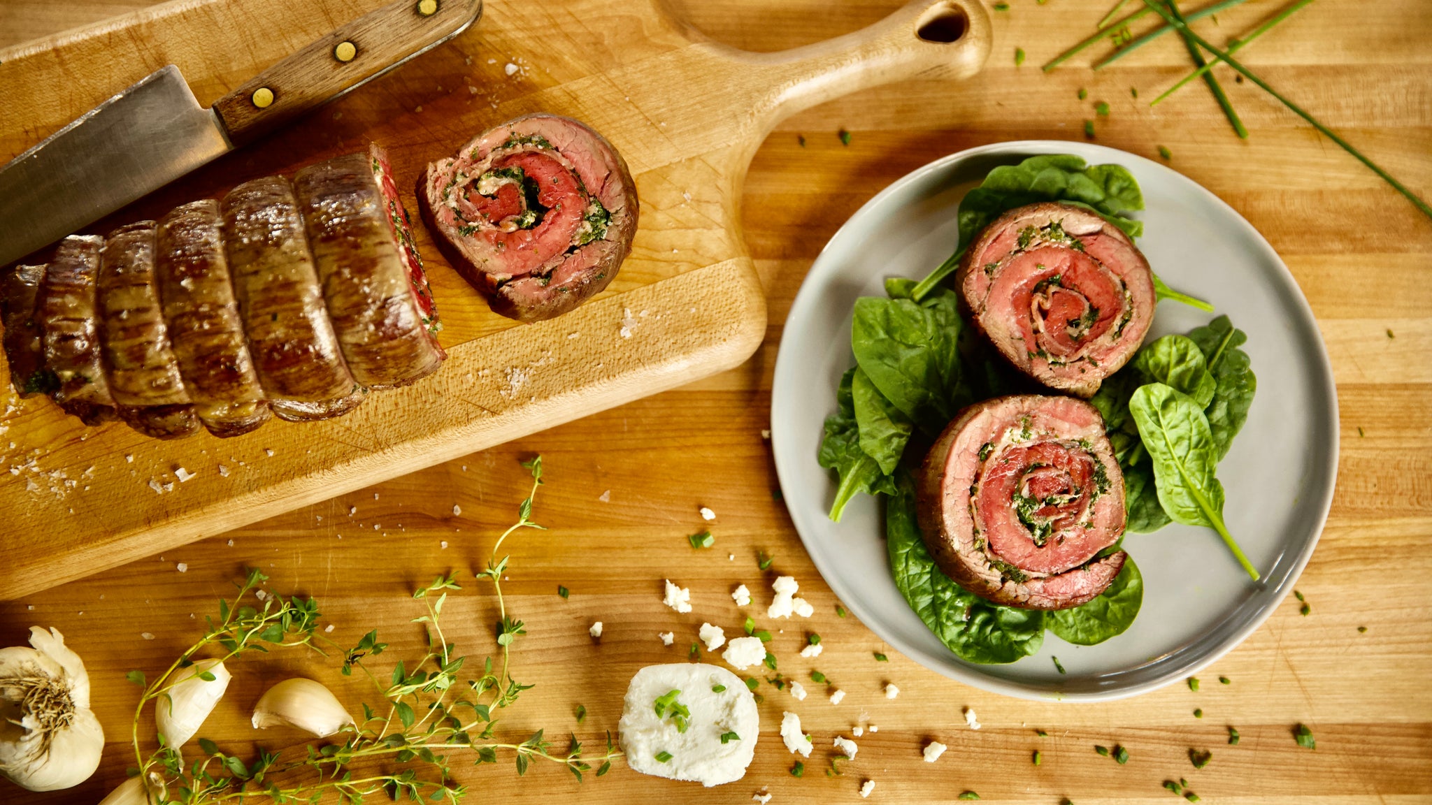 Rolled Flank Steak with Goat Cheese & Herbs